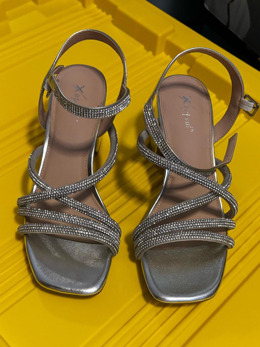 X/Appeal Silver Strappy Rhinestone Block Heel Sandals - Women's Size 7